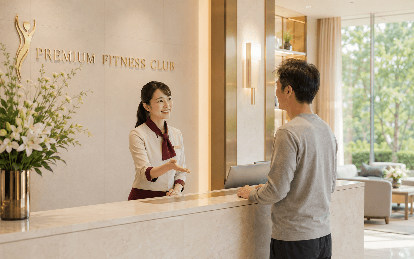受付でお問い合わせをしている様子