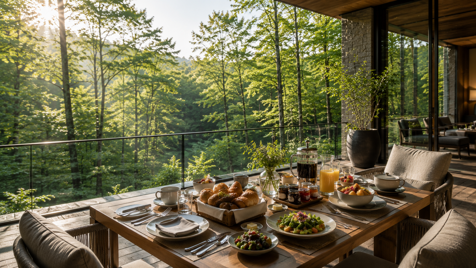 森を望むテラス朝食